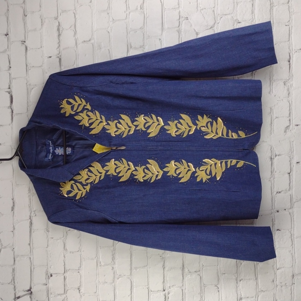 Susan Graver Embroidered Stretch Denim Jacket Small Blue Gold